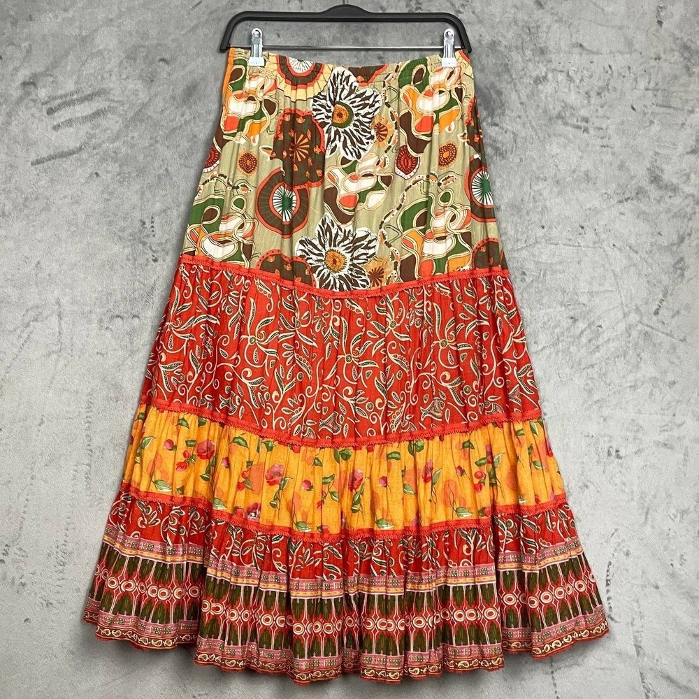 Boho Festival Cotton Tiered Midi Skirt Floral Prairie Small Eclectic Hippie